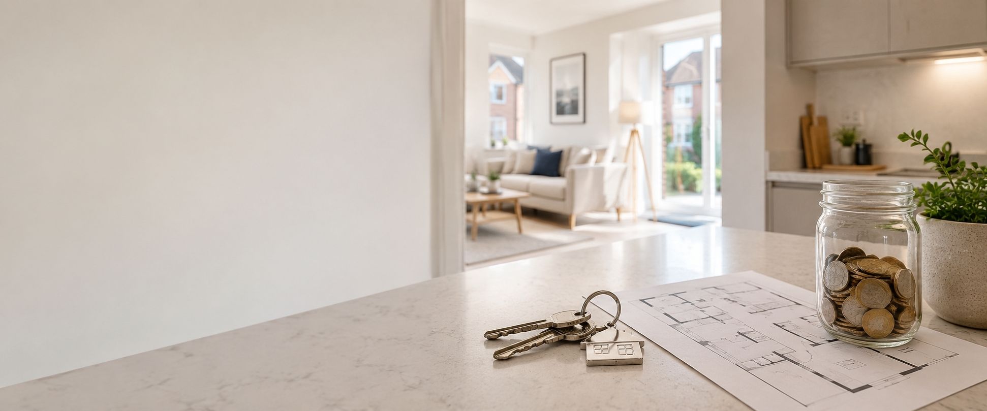 keys and jar of coins on worktop in new home