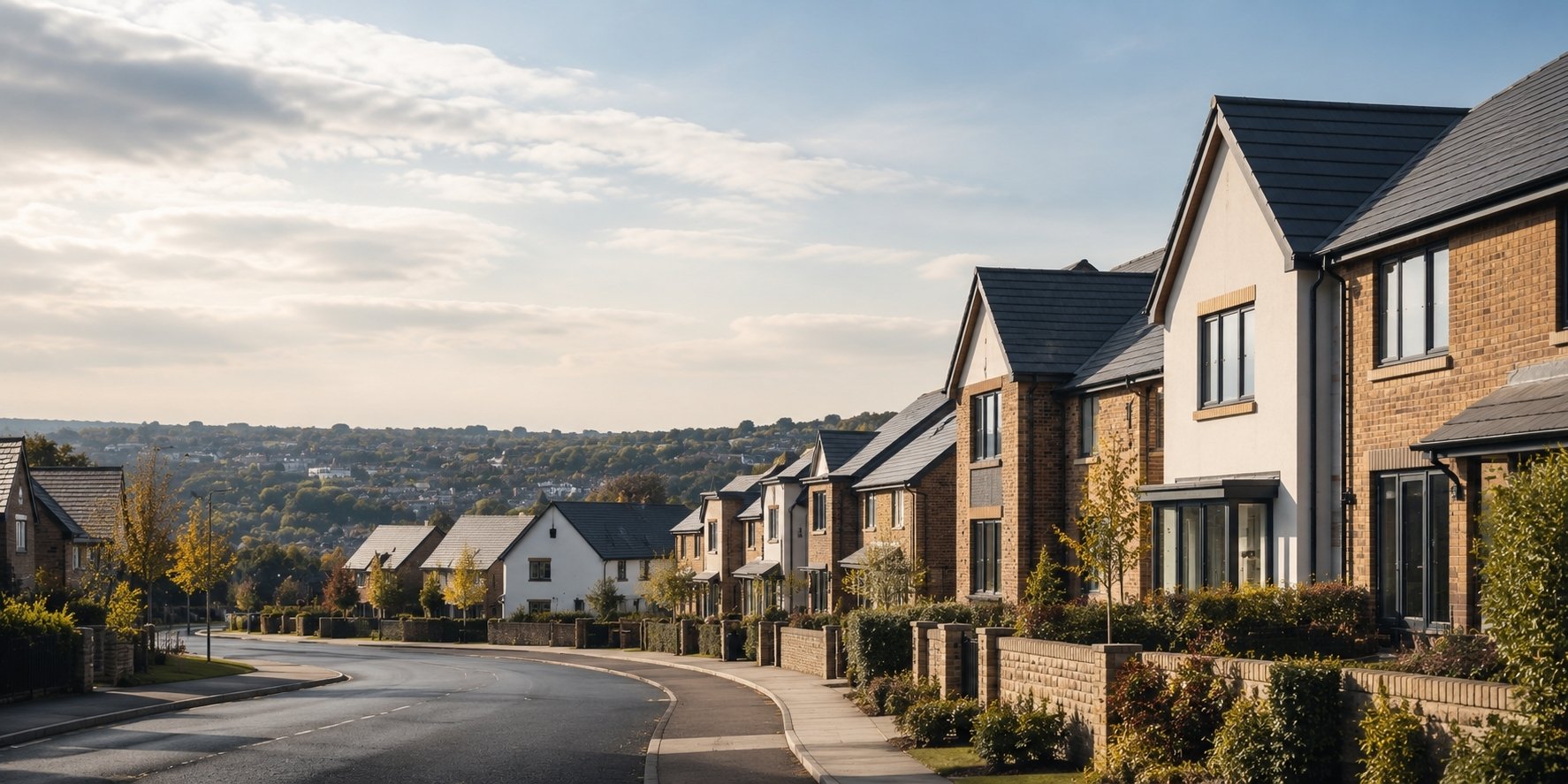 row of houses with countryside backdrop