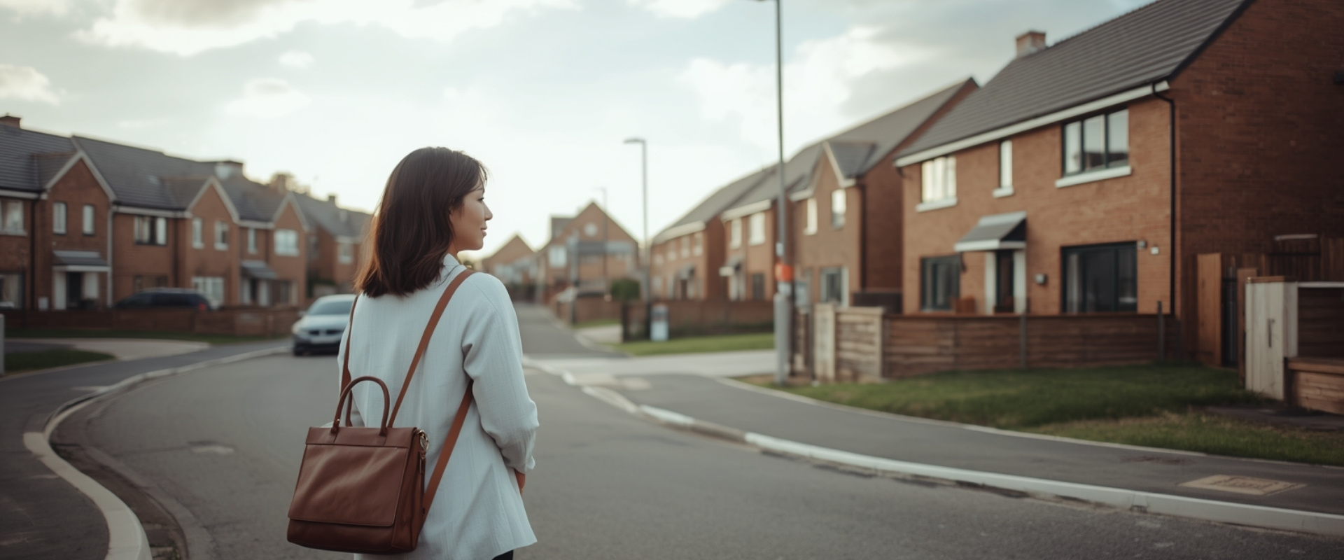 Contractor first-time buyer looking towards homes on a modern UK housing development.